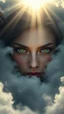 Placeholder: A beautiful eyes of a woman’s glowing flying above swirling clouds, emerges from the heart of a raging storm. Turbulent winds of steam swirl around the sun lit by shafts of sunlight that cast dramatic shadows on the A beautiful woman eyes High quality 16k cinematic scene and great photography
