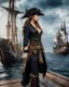 Placeholder: A length image fullbody photography realistic natural beauty color beautiful russia super model woman in a luxury black jack Sparrow pirates uniform,sweet pose,sail ship pirate background