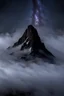 Placeholder: one single mountain sharp face rises out of the mist into the night sky.