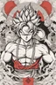 Placeholder: Create a captivating modern 2d lineart black and red ink tattoo design for print , prestigious Goku using the elegant influences of japan art style, for print, dynamic elements from fashion and design, and bold Japanese contemporary art aesthetics, framing centered in the center, distanced from the edges of the paper perimeter, perfect anatomy, bauhaus, Divine Proportion,