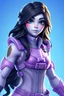 Placeholder: Fabulous; Beautiful; stunning; Blue eyes, long wavy black hair, porcelain skin character in fortnite (fortnite video game), (vivid), ((fortnite cartoon character)), fortnite animation, fortnite skin, (tilted towers fortnite map), full body shot, bright and dynamic coloring, (fortnite epic games), lavender body armor