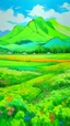 Placeholder: A lime green field filled with flowers near mountains painted by Zosan