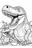 Placeholder: A coloring page, white background T-Rex regurgitating food for its hungry offspring, with the babies eagerly feeding from their parent's mouth. ink drawing clipart, simple line illustrations, colored