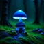 Placeholder: "Close up of a wonderful tiny Mushroom Tower home. blue and indigo with bright white, deep black and contrasting tones of gray. Illuminated bioluminescent forest. Professional painter, master at composition. small but detailed. broken, blurred background, voluminous lighting"