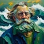 Placeholder: impasto oil painting of an old mariner, thick sculptural brushstrokes, swirling textures, golden beard flowing into stormy ocean, expressive portrait style, vivid ocean blues and greens, emotional and textured, expressionist painting --v 7 --style raw --ar 4:5 --q 2