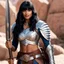 Placeholder: Jameela Jamil at the good place as a barbarian warrior with boots, her armour is made of linen and leather with pikes, she holds a menacing weapon