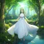 Placeholder: very gorgeous anime girl dressed in white dress, very detailed, trees, birds flying, green trees, creek meditating on a rock