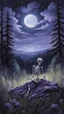 Placeholder: A sketchy oil painting from behind a skeleton sitting in the grass on the top of a hill, lookin into the night sky. A Forrest in the background. Painting. Purple colours. Blue colours. Night. Melancholic mood. Colorful.Pastel colours. Masterpiece.
