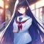 Placeholder: Clear focus,High resolution, blue long straight hair, long straight bangs, and pink eyes, wearing a sailor uniform,