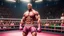 Placeholder: Highly detailed wide shot of Dwayne Johnson posing in a boxing ring, realistic, muscles, buff, flexing, pink skirt, eyebrows, large crowd