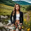 Placeholder: portrate shot of young-beautiful-girl-with-a-perfect-face-with-make-up-wearing- sport pants and jacket standing ,geen hills ,nice nature environment ,wild flowers,clean water river with colorfull rocks in floor