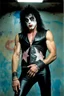 Placeholder: text 'KISS' - head and shoulders portrait, KISS - muscular 20-year-old Paul Stanley, Black star on right eye, Chest and stomach hair, rose tattoo on right shoulder, black spandex and leather, 8-inch high platform boots, - a multicolored cement wall in the background,