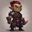 Placeholder: Abimfash Orc with dark red hair in a bun and wearing blacksmiths outfit of tan light tan and brown in a forge, in chibi art style