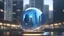 Placeholder: A swirling blue steel galaxy radiates outward, igniting a small cityscape encased in a shimmering glass sphere, photo, 3d render, cinematic