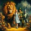 Placeholder: action painting, painterly oil painting, subdued lighting, of a Dorethee from the Wizard of Oz together with the lion and the scarecrow