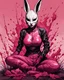 Placeholder: Asian woman, leaning pose, rabbit mask, pink short hair, latex suit, highly detailed, fullbody, splashes blood, behind guts rising from the ground, papercut illustration by <John Kenn Mortensen>, darkred tones,