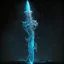 Placeholder: A fantasy sword that is a slender, translucent blade made of ice, shimmering with an ethereal blue glow. Its hilt is crafted from swirling vines, leading to a vibrant crystal at the pommel. With a black background behind it.