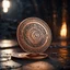 Placeholder: a small copper coin called a crescent standing on edge. ancient viking runes. flat coin. show one whole coin front on at a distance. fantasy concept art, exquisite realism, a masterpiece, dynamic lighting, hyper detailed, intricately detailed, deep color, Unreal Engine, volumetric lighting , Epic cinematic brilliant stunning intricate meticulously detailed dramatic atmospheric maximal,