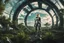 Placeholder: Wide angle photo of a sci-fi woman with blond hair, silver and black futuristic spacesuit looking android-like, standing on a derelict alien jungle planet with cloud trees in multiple green hues