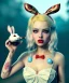 Placeholder: Ultra realistic wonderland photo, hot, happy blonde Alice woman and white rabbit smoking a pipe, blue dress, circus dress style, black headband with bow, old school tattoo, smoke, marijuana garden, glow eyes, perfect iris, soft color, highly detailed, unreal engine 5, ray tracing, RTX, lumen lighting, ultra detail, volumetric lighting, high definition.