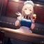 Placeholder: anime waitress taking her break at booth inside a New York diner with two identical coffee cups placed in front oh her on the table