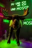Placeholder: An big female moose with big eyes "Veronika Moser" performing at dance club, her name is "Moser" HAIRY FRUITS EVERYWERE On stage, Green Neon lights and smog, "DU UND ICH UND MOSER" @VERONIKA MOSER" big sign on the wall