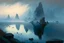 Placeholder: distant city, sea, mist, rocks, lake reflection, epic, otto pippel painting