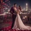 Placeholder: Hyper Realistic Handsome muscular man wearing embroidered-maroon-tuxedo dancing with a beautiful girl wearing embroidered-white-gown in a wedding-party on rooftop with rose-petals-whirling & spotlights on them with cinematic-&-dramatic-ambiance at night