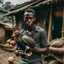 Placeholder: a black man holding a chicken in a village setup