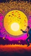 Placeholder: a straw man jumping to touch the moon, surrounded by multicolored paper birds, strong backlighting backlit, retro style photo, nostalgic and hazy, 8k