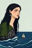 Placeholder: Portrait stylisé Douce et sereine et tranquille déesse géante androgyne, accoudée contre une ile herborée, observe penchée, avec un regard attentif protecteur et emphatique un unique petit bateau à voile sur la mer légèrement agitée. Elle est prêt à intervenir si le petit bateau est en danger.