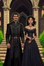 Placeholder: Strahd von Zarovich smiling, dressed in black and Ireena Kolyana frowning, wearing a wedding dress standing outside Castle Ravenloft in the illustrated style of dungeons and dragons