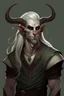 Placeholder: Strong male tiefling with pale skin, massive horns, white long hair, black eyes and handsome