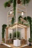 Placeholder: Corner exhibition stand in light colors with wood elements and greenery with two meeting areas