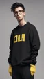 Placeholder: generate a tall guy with green eyes, black short hair, black rectangular glasses, plump lips, wide shoulders, in a black sweatshirt, black pants with pockets on the hips, yellow short socks, in black sneakers, wide shoulders, the guy is crying