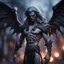 Placeholder: vampire dark elf grey angel nephilim vampire with muscles and big wig, Guiding souls through twilight, where the shadows flee In this realm of aftermath, phantoms softly tread Following the will-o-wisp, where the lost are led ,bokeh like f/0.8, tilt-shift lens 8k, high detail, smooth render, down-light, unreal engine