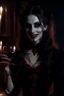 Placeholder: 4k full details full lights femme vampire, yeux rouges, longues canines dentaires de vampires visibles, tient un verre de vin en main avec du sang, style victorien