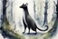 Placeholder: watercolor painting of a fantasy character resembling a black ermine in a primeval forest. standing upright