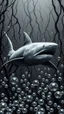 Placeholder: Giant gray shark in a gray background of black vein, human veins, mixing together a lot of them, like a forest, big and small veins a lot of them, crystal balls