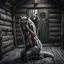 Placeholder: in the middle of a wooden hut an pale gray body hair pregnant anthropomorphic wolf woman creature kneeling, crying and covering eyes with her pawes, in background in the door stands dark gray body hair anthropomorphic wolfman and looking the female wolf. high contrast, high detalied, high realistic, sharp focus. The atmosphere is a seamless blend of sci-fi, dark fantasy