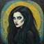 Placeholder: create full body oil pastel of a dark haired, savage, gothpunk vampire girl with highly detailed , sharply defined hair and facial features set against a swirling chaotic background, in the style of ODILON REDON and JEAN-FRANCOIS MILLET