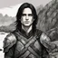 Placeholder: A portrait of Jared Leto in his early 30s, long beachy haircut, black hair, on a rocky island, in ebony armor from Skyrim, melancholic and dangerous facial expression, half-smiling, drawn in the style of ink manga sketch