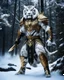 Placeholder: Wide shot Photography natural colors facing front of Humanoid warrior full body siberian white tiger,wearing king armor golden and black color,action playing metalic shine sword, snow pines, incredibly high detailed,beautiful dark night forest and darkstrom sky