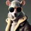 Placeholder: cute male mouse with the body of a human, wearing a leather jacket and sunglasses, dramatic, dramatic lighting, volumetric lighting, hyperrealism, 8k, high quality, photorealistic, lot of details