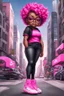 Placeholder: create an airbrush illustration of a chibi cartoon voluptuous black female. Wearing a hot pink t-shirt and tight black jeans with hot pink Nike sneakers. Prominent make up with hazel eyes and she is wearing pink glasses. Extremely Highly detail of a very low platinum shiny black pixie haircut. Background of a busy city street.