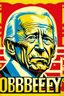 Placeholder: stylized stencil portrait of Joe biden in solid red, beige and (light and dark) blue with the cyrillic word "obey" overlaid on the bottom of the image in yellow