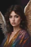 Placeholder: Young woman angel, lovely face, Dark brown eyes, elegant coat, dark ashen medium hair, colorful wings, outdoors, realism, dynamic lighting hyperdetailed intricately detailed photo triadic colors