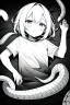 Placeholder: girl in T-shirt lying on the ground and covered with snakes, greyscale