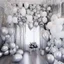 Placeholder: A picture of a room filled with silver party decoration. Include balloons, garlands, foil balloons