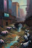 Placeholder: painting of a cyberpunk colourful natural walkway rubbish on the street in the city with pollution and a small bridge by a creek with electric sheep and androids by monet